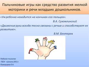 Пальчиковые игры как средство развития мелкой моторики и речи младших дошкольников.